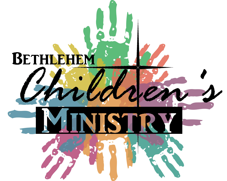 Colorful children's hand prints form a somewhat circular shape with palms in the middle and the Bethlehem Star and the words "Bethlehem Children's Ministry" over top.