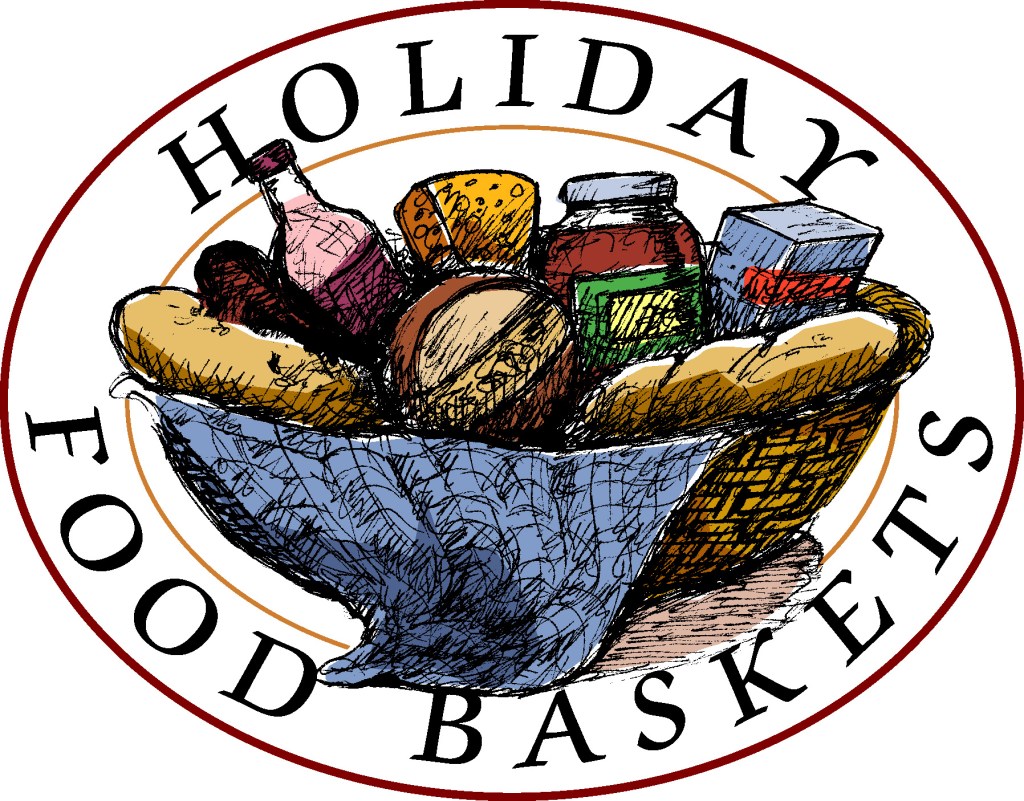A colorful basket full of food with the words "Holiday Food Baskets".