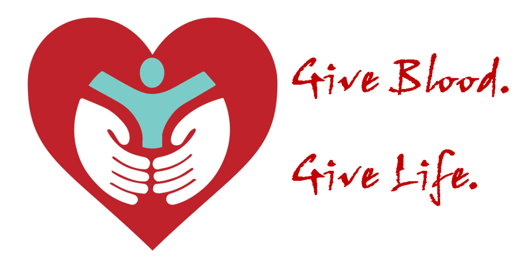 A Red heart with a man being held in two hands and the words "Give Blood. Give Life."