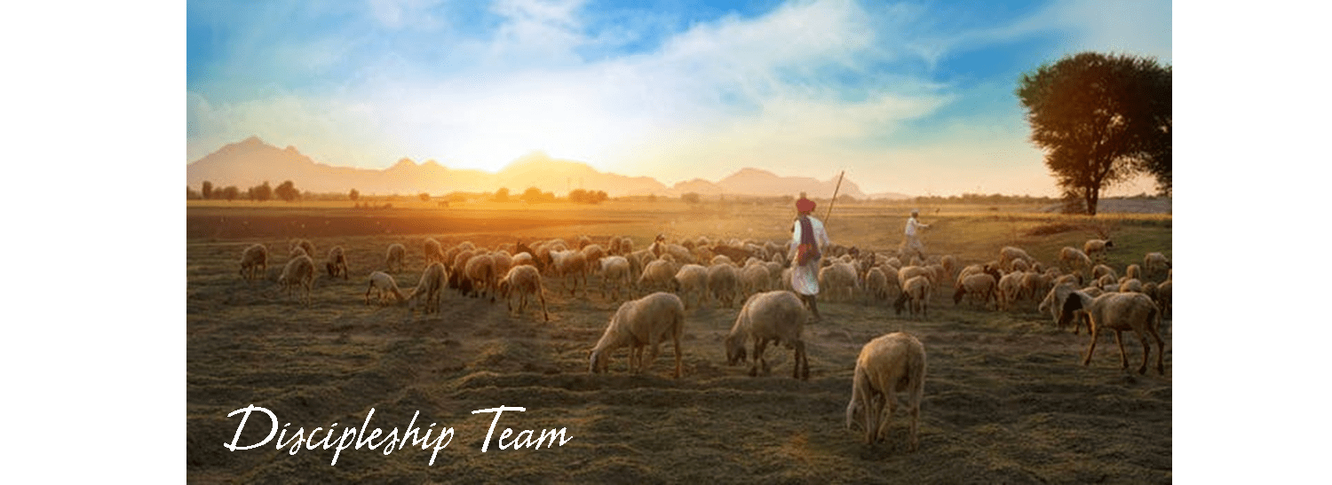 Shepherds in the field with their flock and the sun rising over distant mountains and the words "Discipleship Team".