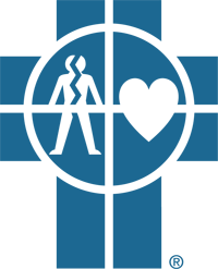 A blue cross with a circle. Inside the circle are a broken man and a heart.